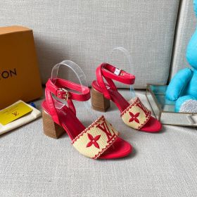 Summer Fashion Louis Vuitton LV & Monogram Pattern Women Braided Fabric & Leather Chunky Heel Sandals