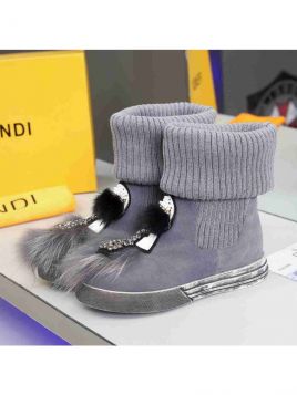 Fendi Luxury Diamonds & Fur Charm Ladies Suede Leather Wool Boots With Silver Rubber Outsole Black/Gray