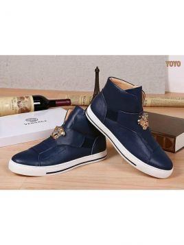 Trendy Versace Palazzo Rose Gold Plated Medusa Plaque Mens High-Top Slip-on Calfskin Leather Loafers Blue/Black 